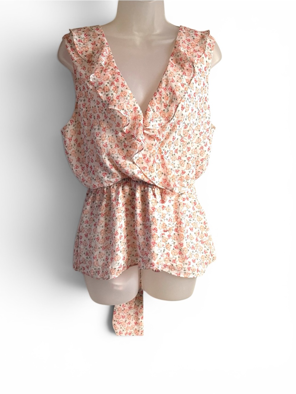 Max Studio Peach Floral Ruffle V-Neck Sleeveless Top  LARGE   #2